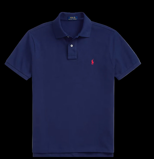 Navy blue polo shirt with a red logo 
